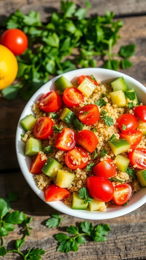 Mediterranean Quinoa Salad with Vinegar Dressing A colorful Mediterranean quinoa salad with cherry tomatoes, cucumbers, and parsley in a bowl, garnished with lemon, on a wooden table.
